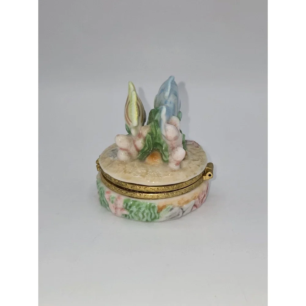 Vintage Genmore Tropical Fish Trinket Box Porcelain Hinged Keepsake Ring Box
